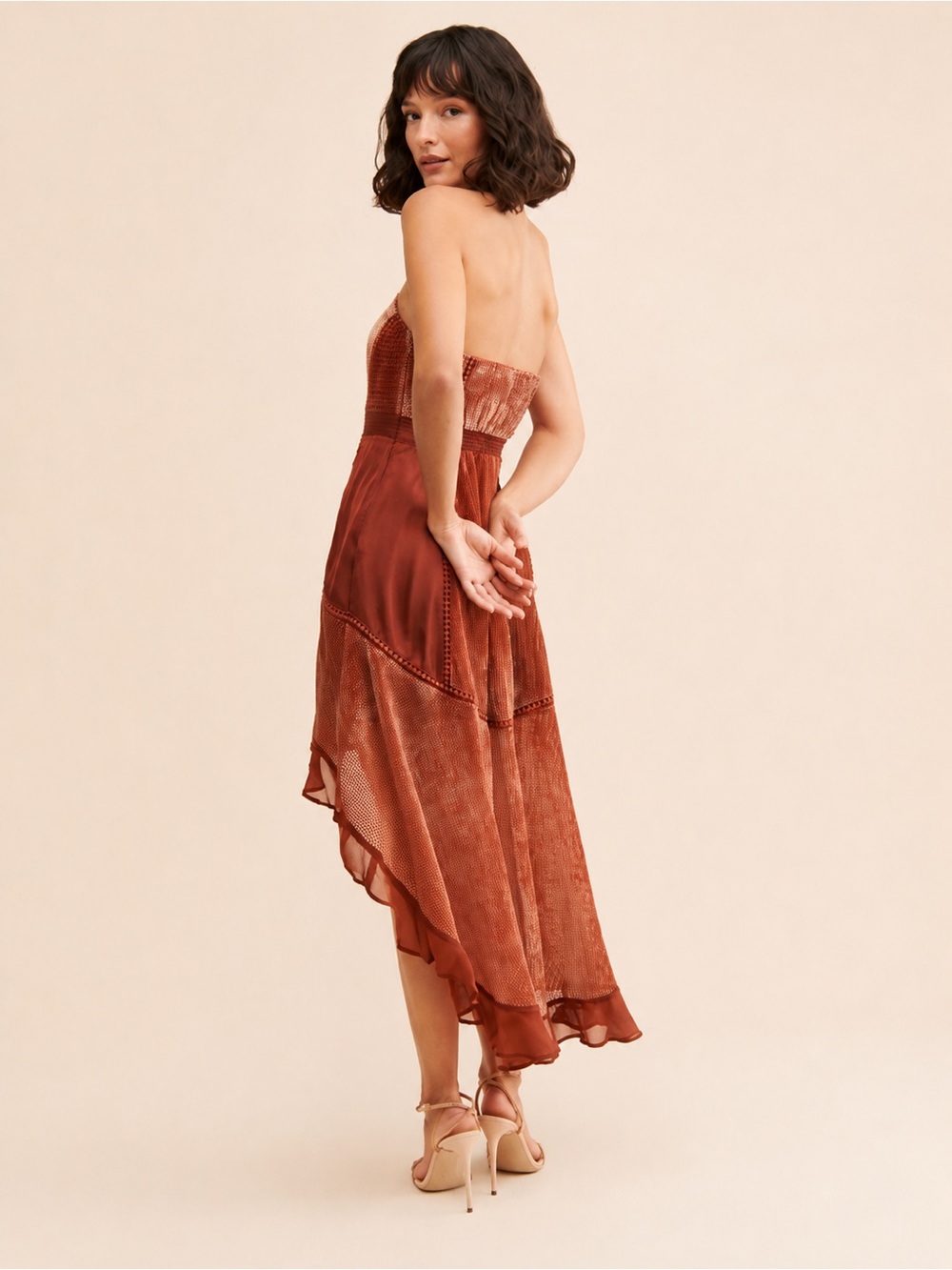 Anthropologie | Rust Strapless Velvet High-Low Dress ~ US 2P